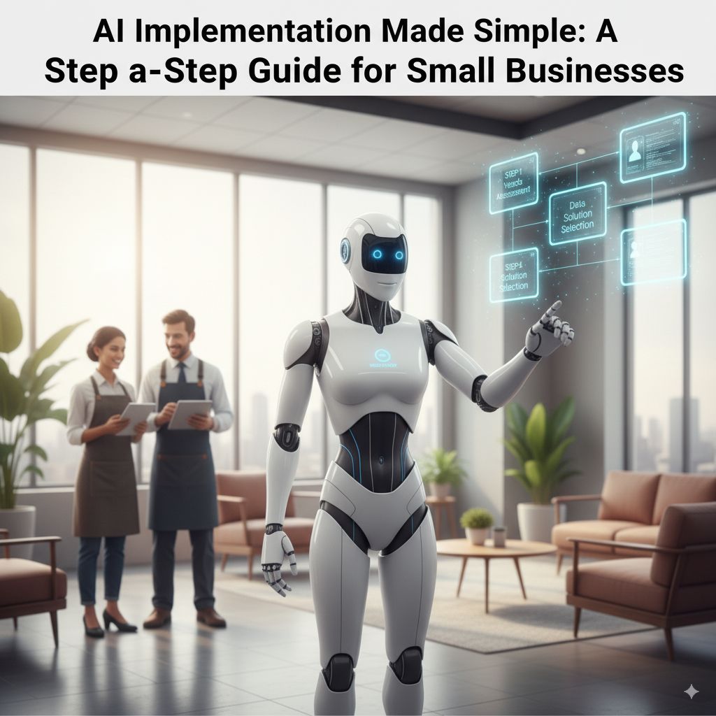 AI Implementation Made Simple: A Step-by-Step Guide for Small Businesses - Modern office scene showing AI robot presenting implementation steps to business owners, representing accessible artificial intelligence adoption for small business automation and digital transformation