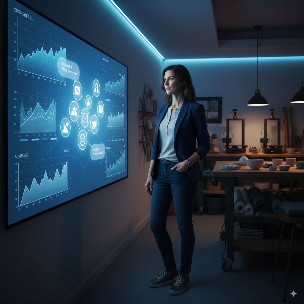 The Future of Small Business: Why AI Adoption is No Longer Optional - Professional woman in modern workspace analyzing AI-powered business dashboard with customer analytics and data visualization for future-ready business operations