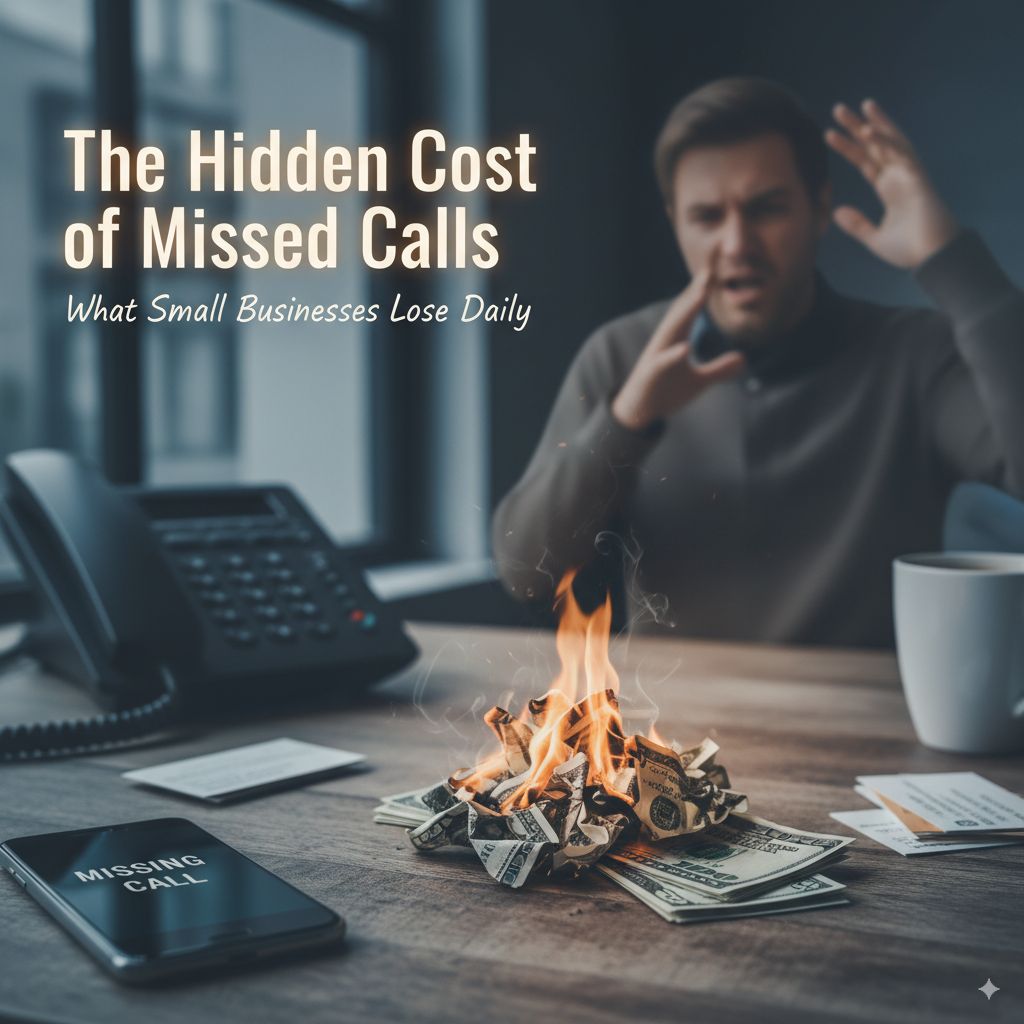 The Hidden Cost of Missed Calls: What Small Businesses Lose Daily - Frustrated businessman in office with burning money representing financial losses from missed business calls and unanswered phone opportunities