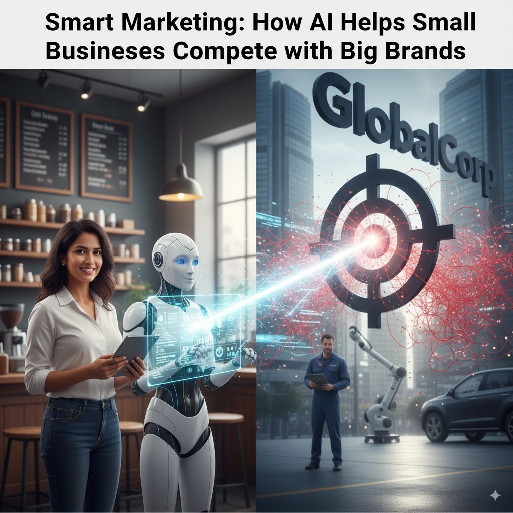 Smart Marketing: How AI Helps Small Businesses Compete with Big Brands - Split scene showing coffee shop owner with AI assistant analyzing data versus corporate automotive setting with AI targeting, demonstrating AI-powered marketing equalization for small businesses